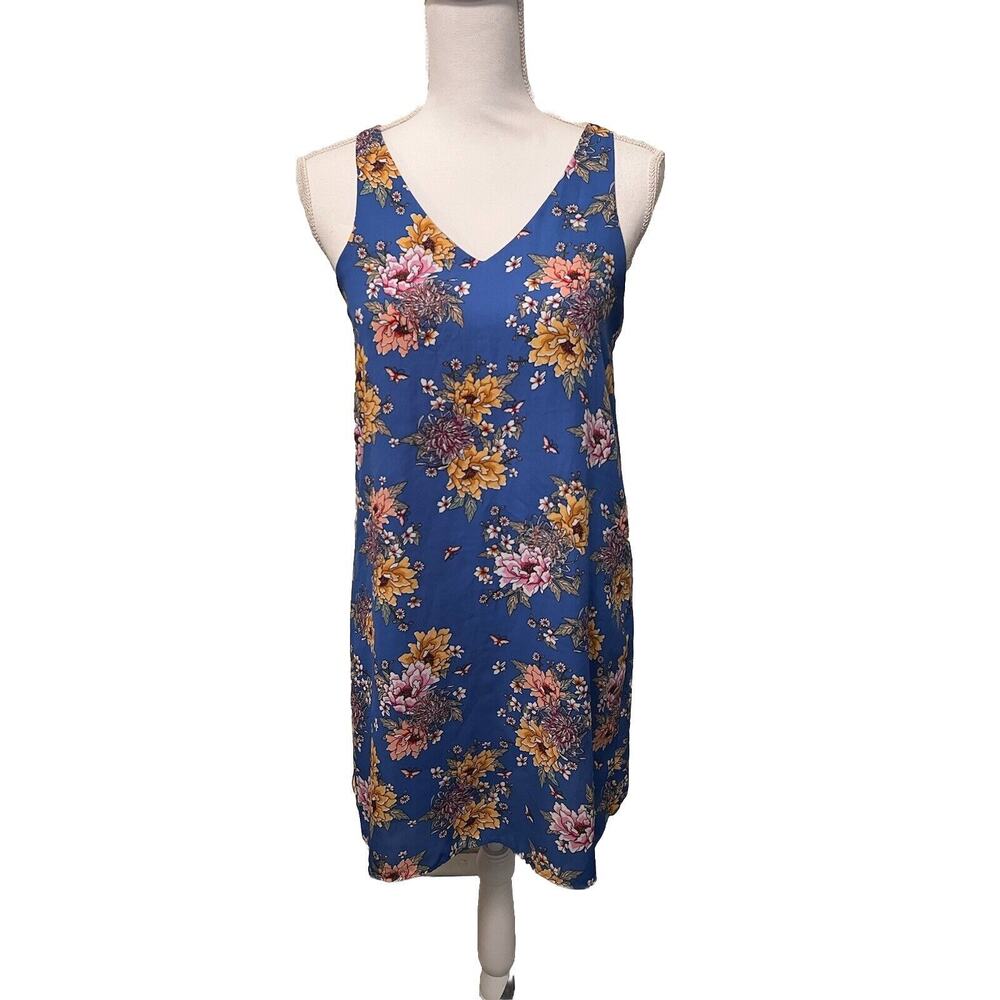 Pink Rose Blue Floral Sleeves Dress Sz S